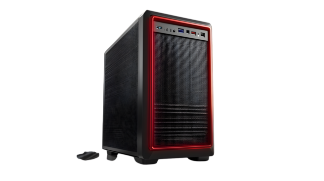 Modern Gaming Computer Case with Red LED Lighting and Mesh Front Panel