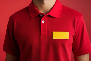 A person wearing a red polo shirt with a yellow name tag against a solid red colored background view