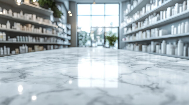 Bright and inviting interior of a modern skincare store with marble table and organized product shelves