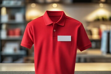 A red polo shirt with a blank name tag displayed on a blurred background in a retail setting look close up