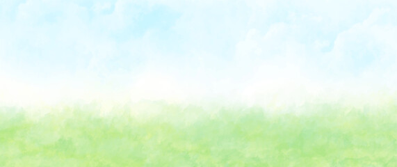 Abstract summer watercolor vector landscape with blue sky, white clouds and green field for background, banner, flyers, poster, social media, ads. Modern hand draw illustration.