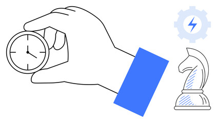 Hand holding clock symbolizing time management, chess knight representing strategy, gear icon for productivity. Ideal for planning, organization, efficiency, goal setting, problem-solving