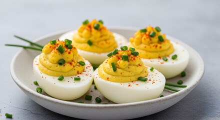 Deviled Eggs Garnished With Paprika And Chives Presented On A Ceramic Dish
