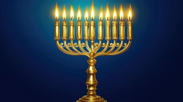 A tall, gold candelabra with lit candles on it. The candles are lit and the candelabra is shining brightly. The candles are arranged in a row, with each one slightly higher than the one before it