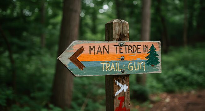 Rustic Arrow Sign Post Directing Toward A Mysterious Destination On Woods