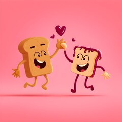 Obraz premium Cartoon peanut butter and jelly characters high-fiving on a rose pink background