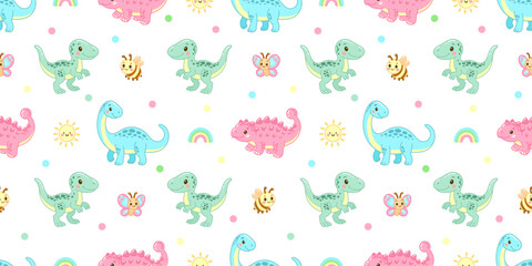 Bright seamless dinosaur pattern with bees, rainbows, and sunshine on white for joyful kids designs