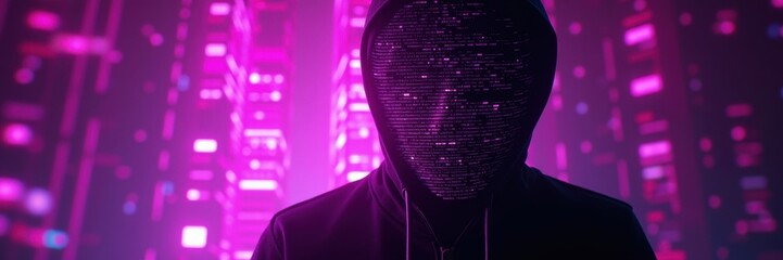 A mysterious hacker in a digital landscape, illuminated by vibrant pink and purple lights, embodies the essence of defcon's cybersecurity culture.