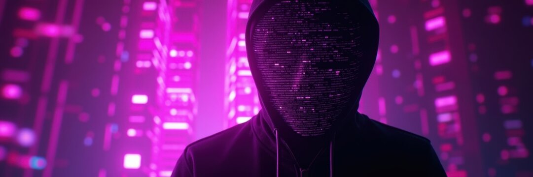 A mysterious hacker in a digital landscape, illuminated by vibrant pink and purple lights, embodies the essence of defcon's cybersecurity culture.