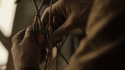 Electrician fixing wiring at a construction site. Featuring skill and attention to detail