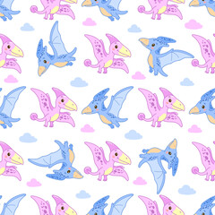 Seamless flying dinosaur pattern with pink and blue pterodactyls and clouds on white background