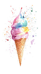 Colorful Watercolor Ice Cream Cone Minimalist SVG Vector on White Background