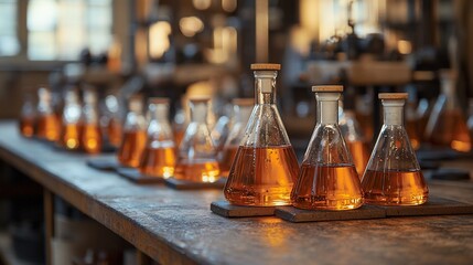 Laboratory glassware filled with amber liquid