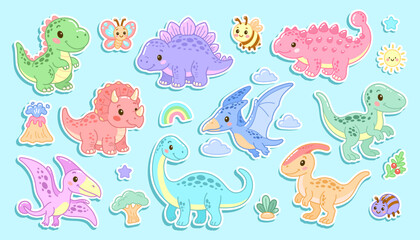 Colorful dinosaur sticker set with cute creatures, volcanoes, and clouds on blue background