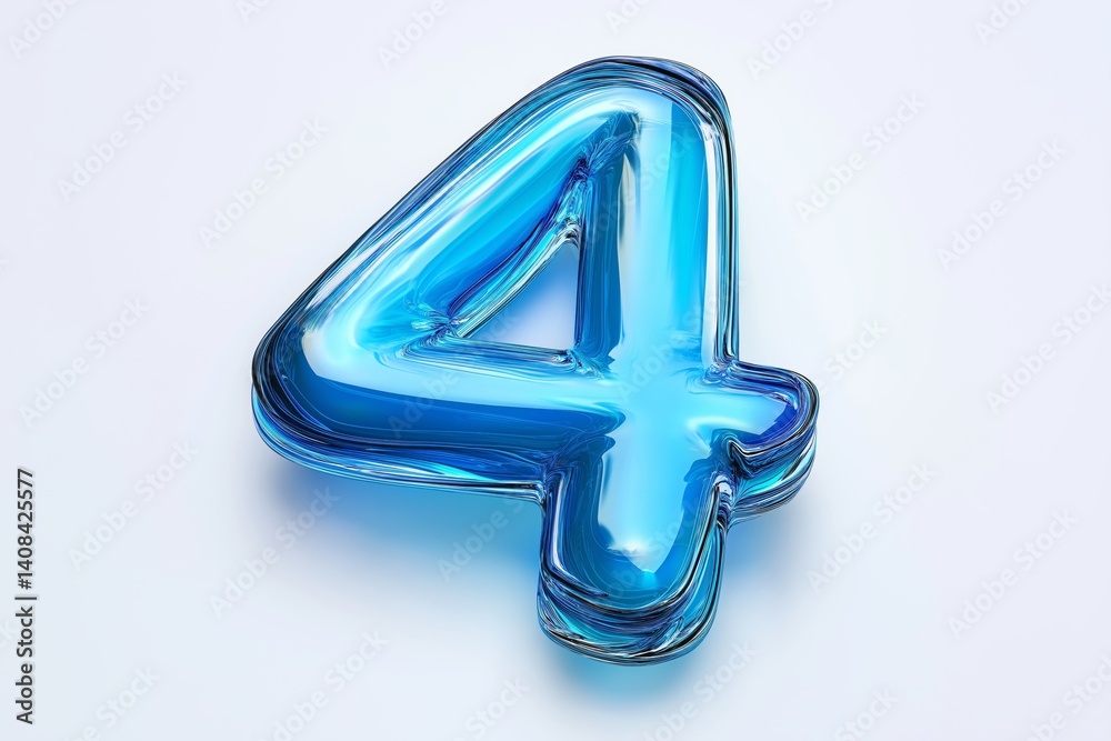 Leinwandbilder Shiny blue number four in transparent 3D glass design with modern artistic curvature and numeric styling, Generative AI