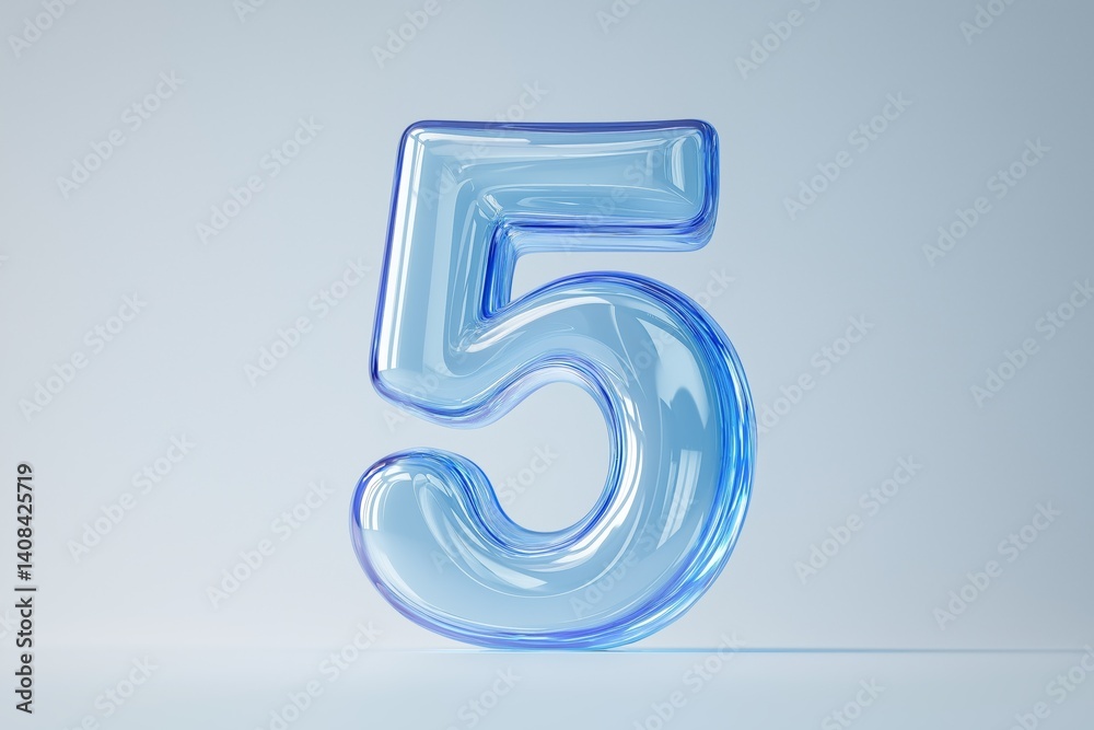 Poster modern 3d number five in transparent blue glass style with smooth curves and digital visual clarity,