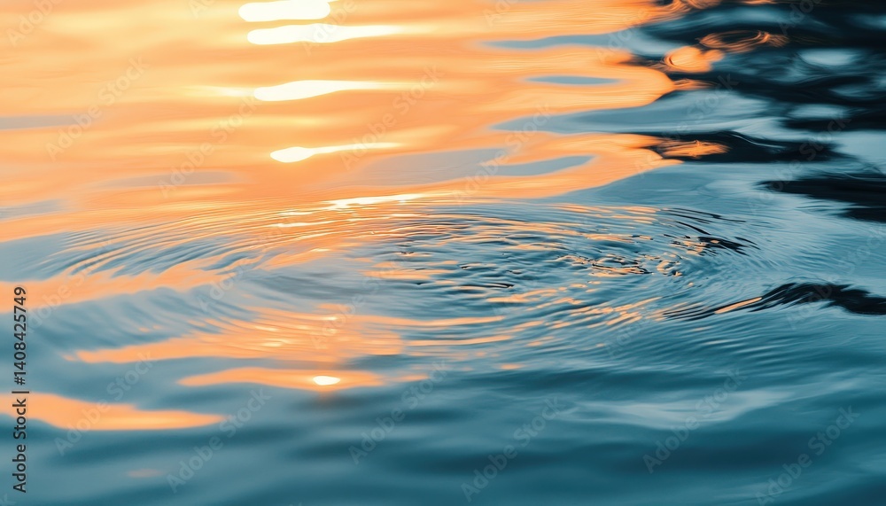 Aufkleber Sunset reflection on still water with ripples creating a tranquil atmosphere near a serene natural setting