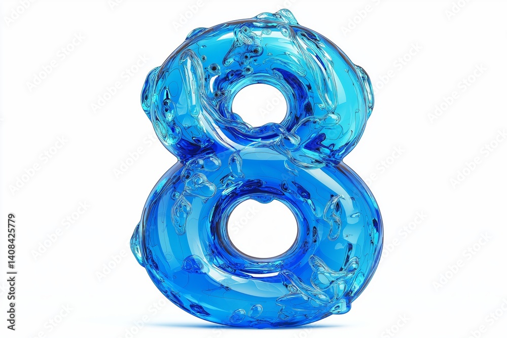 Aufkleber blue 3d number eight in transparent glass style with glossy smooth curves and modern digital design 