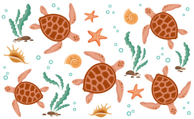 Underwater seascape. Sea turtle background. Sea turtles, algae, starfish, seashells. Ocean life, marine nature, flora and fauna. Isolated. Vector illustration