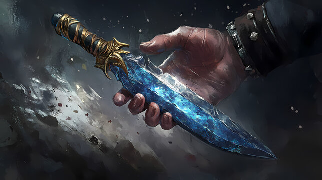 Nightmare realm cold cobalt dirk with fear-absorbing grip. Mystic Alloy. Illustration