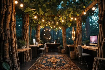 Obraz premium Enchanted Workspace Amidst a Mystical Woodland with Bark Pillars, Leafy Overheads, and Twinkling Lights