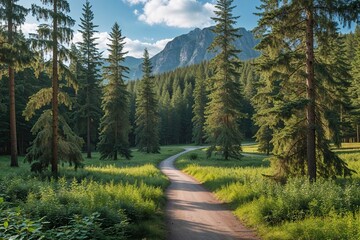 Summer Pine Forest Panorama with Pathway in a Beautiful Northern Park