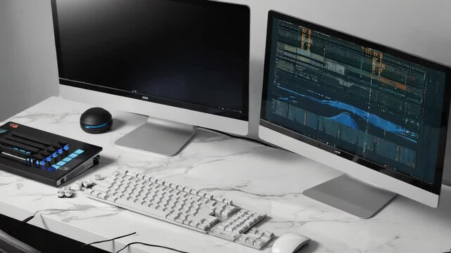Workspace setup featuring a split keyboard, two desktop computers, sound mixer, and computer mouse on a marble work surface