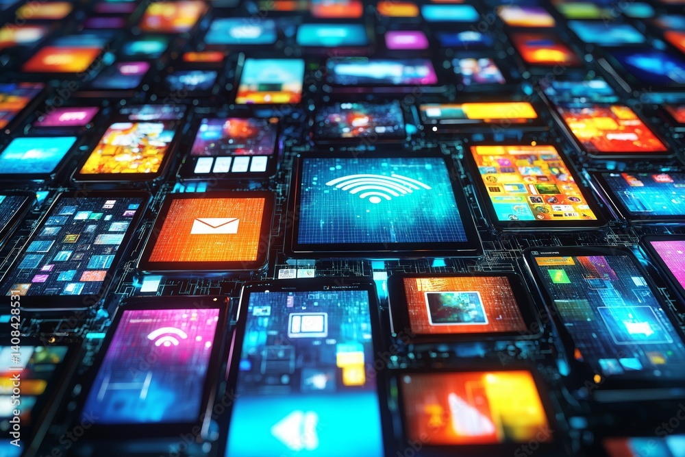 Fototapete Colorful network of digital screens and smart devices with wifi and app icons representing futuristic connected communication system, Generative AI