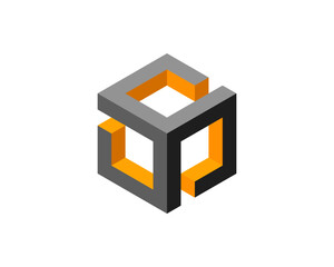 Abstract isometric cube design.  Gray and orange geometric shapes create a modern, minimalist logo or graphic element.