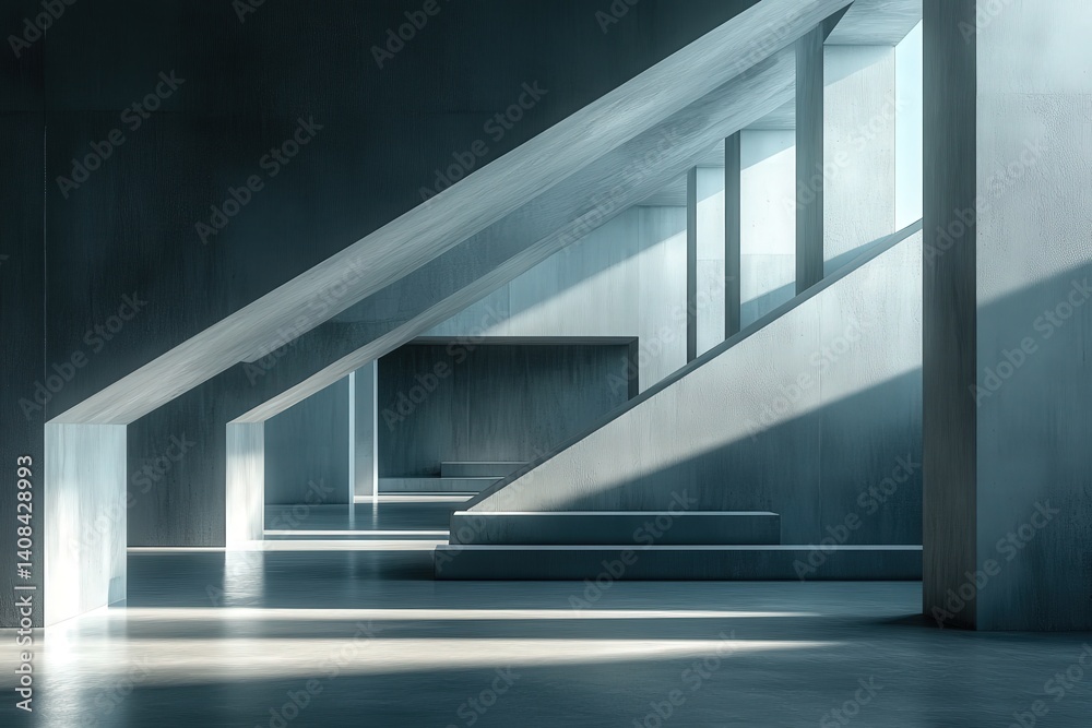 Fototapete modern architectural staircase with dramatic light rays illuminating textured walls in a spacious in