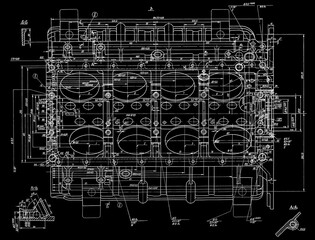 Cylinder block of engine of cargo vehicle. Engineering mechanical drawing of automotive device. Industrial cad scheme on paper sheet. Technology design of machine building industry. Machined template.