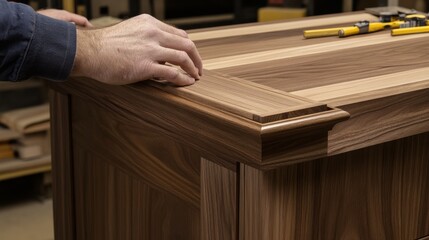 Cabinetmaker assembling a custom wooden cabinet in a workshop. Featuring craftsmanship and precision