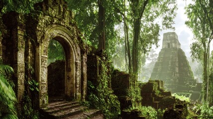 Ancient Mayan ruins overgrown with lush jungle foliage.