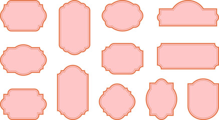 Ornate pastel pink label collection with classic frame. Vintage soft tags for cosmetics packaging, romantic wedding invitations and elegant boutique logos. Vector design template with blank space
