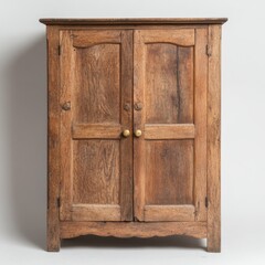 Vintage wooden cabinet with double doors and rustic knobs on light background