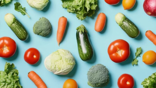 A colorful assortment of vegetables and fruits, including broccoli, carrots, and tomatoes, are arranged in a pattern on a blue background. Concept of freshness and abundance