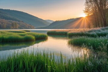 Fototapeta premium Tranquil Lake and Blooming Grass at Sunrise in Harghita County, Romania: A Refreshing Natural Landscape
