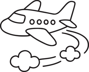 Cartoon Airplane Flying in Sky – Black and White Vector Line Art for Coloring Pages