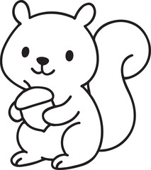 Adorable Squirrel Holding Acorn – Black and White Cartoon Line Art for Coloring Pages