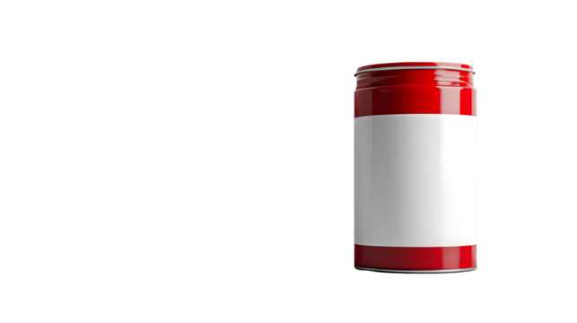 Red and White Cylindrical Container with Blank Label on Black Background