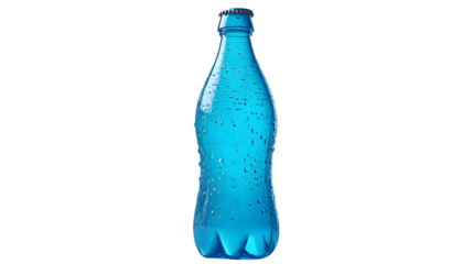 Refreshing Blue Beverage Bottle with Condensation Drops on a Black Background