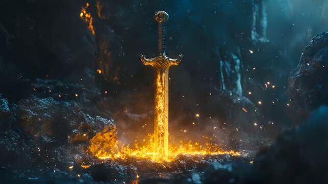 Forged in the heart of a volcano a mythical sword glows with an otherworldly aura. Enigmas Crucible. Illustration