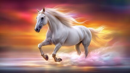 Fototapeta premium Majestic white horse galloping through a vibrant sunset sky