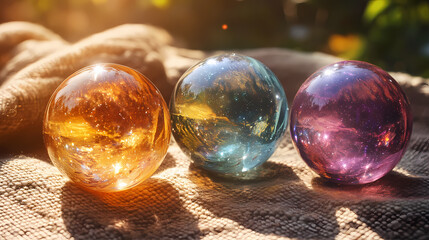 Colorful crystal balls on woven cloth, sunlit wood background; divination, spirituality. Eclipse Woven. Illustration