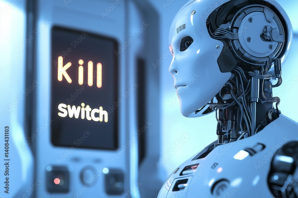 Poster Humanoid robot standing beside illuminated kill switch control panel symbolizing emergency AI shutdown protocol, Generative AI