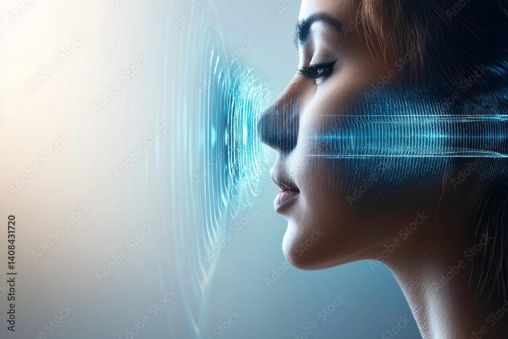 Fototapete womans face being scanned with digital waves in close-up profile representing futuristic facial reco
