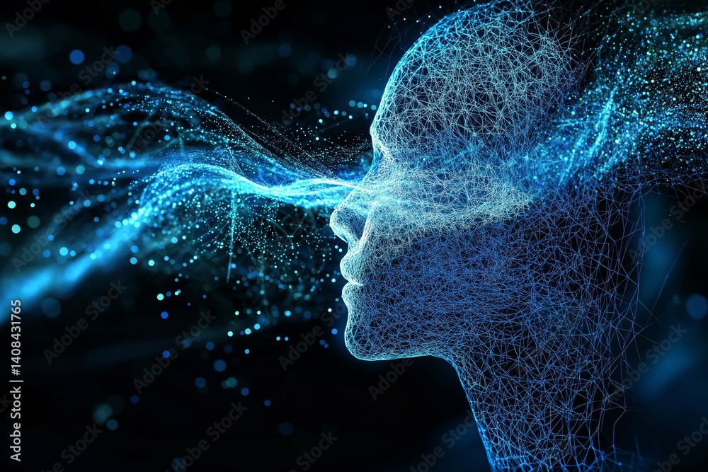 Fototapete Abstract wireframe face in profile with glowing blue digital particles and flowing data wave representing virtual identity, Generative AI