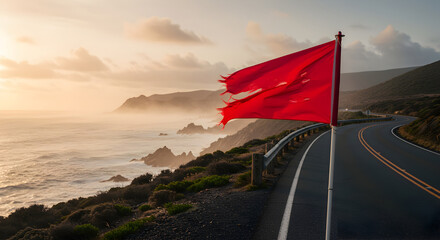 Coastal Highway Adorned With Tattered Red Flag On Cliffside At Sunset