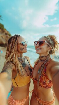 serene moment of a lesbian couple taking a selfie together outdoors, celebrating love and connection