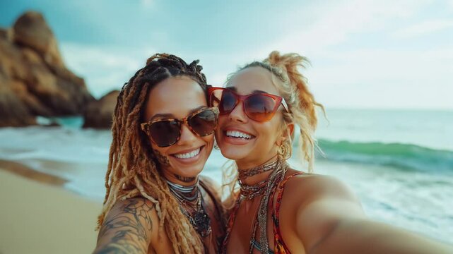 serene moment of a lesbian couple taking a selfie together outdoors, celebrating love and connection